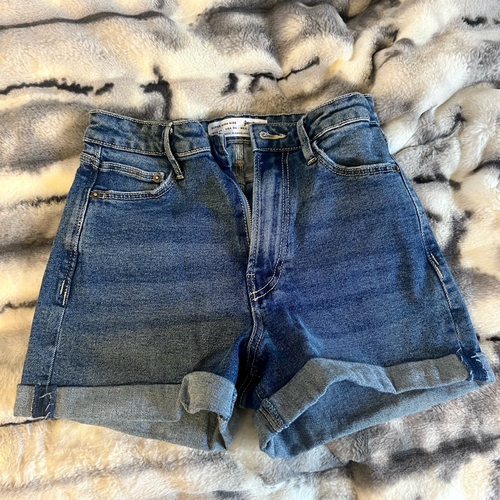 High-waisted blue denim shorts